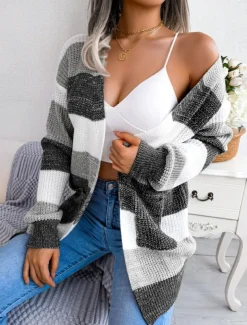 Women's Sweater Cardigan Elegant Fashion Streetwear Striped Pure Color Open Front Knitted Long Sleeve Regular Tops Knit Outdoor Daily Weekend Black Wine Fall Winter