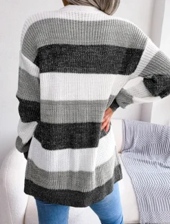 Women's Sweater Cardigan Elegant Fashion Streetwear Striped Pure Color Open Front Knitted Long Sleeve Regular Tops Knit Outdoor Daily Weekend Black Wine Fall Winter