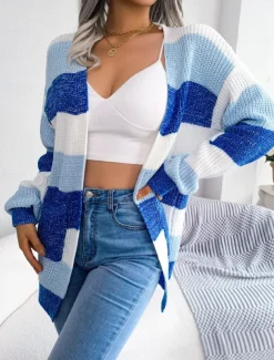 Women's Sweater Cardigan Elegant Fashion Streetwear Striped Pure Color Open Front Knitted Long Sleeve Regular Tops Knit Outdoor Daily Weekend Black Wine Fall Winter