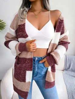 Women's Sweater Cardigan Elegant Fashion Streetwear Striped Pure Color Open Front Knitted Long Sleeve Regular Tops Knit Outdoor Daily Weekend Black Wine Fall Winter