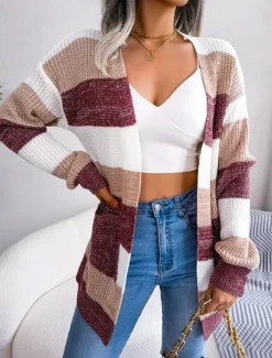 Women's Sweater Cardigan Elegant Fashion Streetwear Striped Pure Color Open Front Knitted Long Sleeve Regular Tops Knit Outdoor Daily Weekend Black Wine Fall Winter