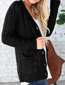 Women's Sweater Cardigan Elegant Fashion Streetwear Solid Color V Neck Pocket Knitted Long Sleeve Regular Tops Knit Outdoor Daily Weekend Black White Fall Winter