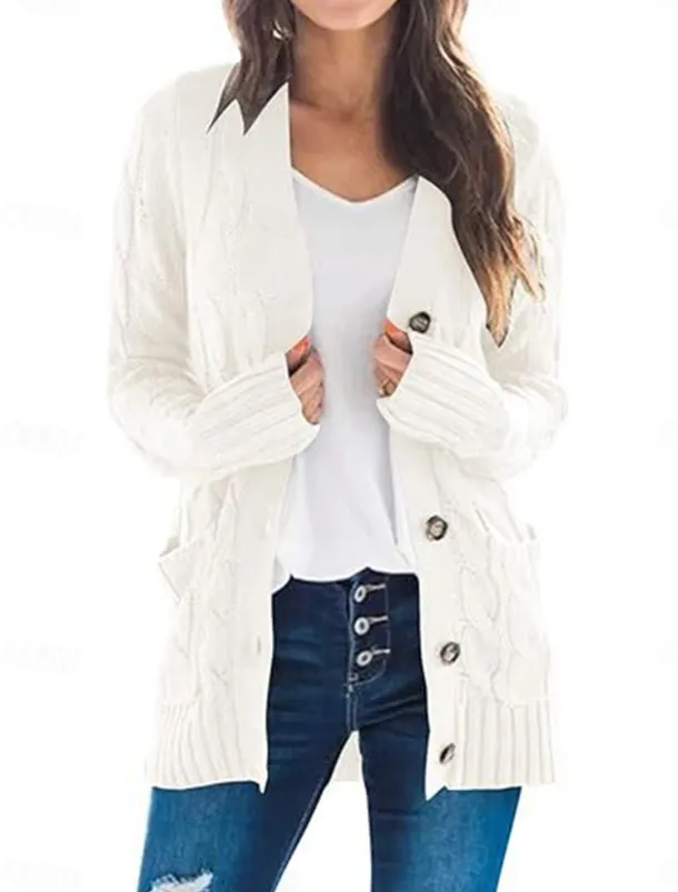 Women's Sweater Cardigan Elegant Fashion Streetwear Solid Color V Neck Pocket Knitted Long Sleeve Regular Tops Knit Outdoor Daily Weekend Black White Fall Winter