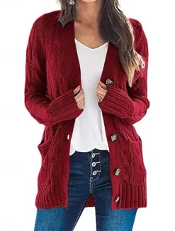 Women's Sweater Cardigan Elegant Fashion Streetwear Solid Color V Neck Pocket Knitted Long Sleeve Regular Tops Knit Outdoor Daily Weekend Black White Fall Winter