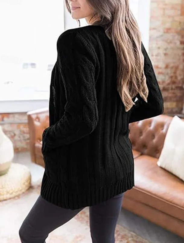 Women's Sweater Cardigan Elegant Fashion Streetwear Solid Color V Neck Pocket Knitted Long Sleeve Regular Tops Knit Outdoor Daily Weekend Black White Fall Winter