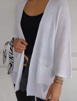 Women's Sweater Cardigan Elegant Fashion Streetwear Pure Color V Neck Pocket Knitted Long Sleeve Regular Tops Knit Outdoor Daily Weekend Black White Fall Winter