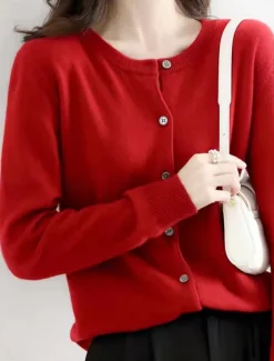 Women's Sweater Cardigan Elegant Fashion Streetwear Pure Color Crew Neck Pocket Knitted Long Sleeve Regular Tops Knit Outdoor Daily Weekend Black White Fall Winter