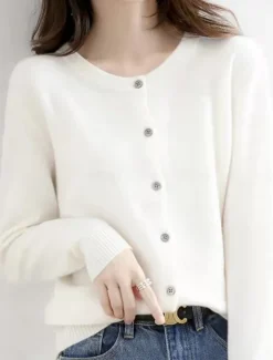 Women's Sweater Cardigan Elegant Fashion Streetwear Pure Color Crew Neck Pocket Knitted Long Sleeve Regular Tops Knit Outdoor Daily Weekend Black White Fall Winter