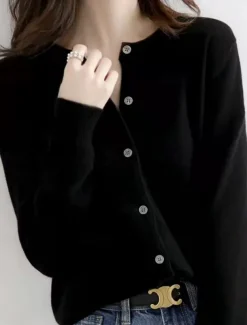 Women's Sweater Cardigan Elegant Fashion Streetwear Pure Color Crew Neck Pocket Knitted Long Sleeve Regular Tops Knit Outdoor Daily Weekend Black White Fall Winter