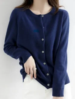 Women's Sweater Cardigan Elegant Fashion Streetwear Pure Color Crew Neck Pocket Knitted Long Sleeve Regular Tops Knit Outdoor Daily Weekend Black White Fall Winter