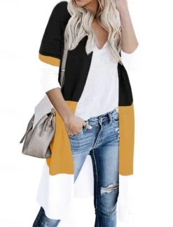 Women's Sweater Cardigan Elegant Fashion Streetwear Striped Open Front Pocket Knitted Long Sleeve Long Tops Knit Outdoor Daily Weekend Black Yellow Fall Winter