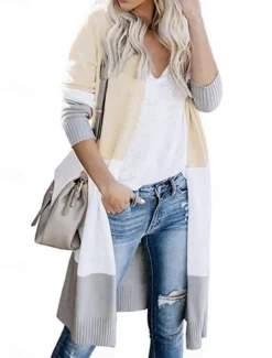 Women's Sweater Cardigan Elegant Fashion Streetwear Striped Open Front Pocket Knitted Long Sleeve Long Tops Knit Outdoor Daily Weekend Black Yellow Fall Winter