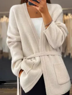 Women's Sweater Cardigan Sweater Jacket V Neck Knit Lace up Pocket Knitted Drop Shoulder Spring Fall Home Daily Weekend Daily Casual Soft Long Sleeve Pure Color Camel Beige