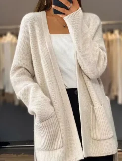 Women's Sweater Cardigan Sweater Jacket V Neck Knit Lace up Pocket Knitted Drop Shoulder Spring Fall Home Daily Weekend Daily Casual Soft Long Sleeve Pure Color Camel Beige