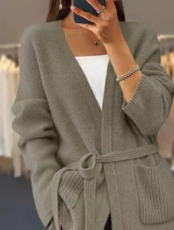 Women's Sweater Cardigan Sweater Jacket V Neck Knit Lace up Pocket Knitted Drop Shoulder Spring Fall Home Daily Weekend Daily Casual Soft Long Sleeve Pure Color Camel Beige