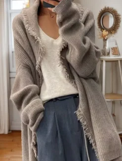 Women's Sweater Cardigan Sweater Jacket Shirt Collar Knit Tassel Knitted Spring Fall Home Daily Weekend Daily Casual Soft Long Sleeve Pure Color Black Camel