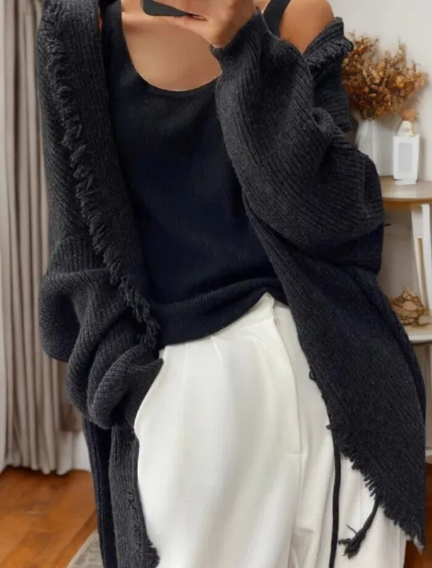 Women's Sweater Cardigan Sweater Jacket Shirt Collar Knit Tassel Knitted Spring Fall Home Daily Weekend Daily Casual Soft Long Sleeve Pure Color Black Camel