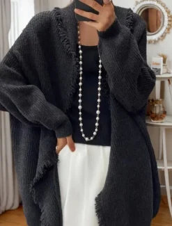Women's Sweater Cardigan Sweater Jacket Shirt Collar Knit Tassel Knitted Spring Fall Home Daily Weekend Daily Casual Soft Long Sleeve Pure Color Black Camel
