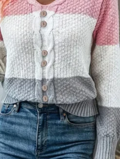 Women's Sweater Casual Color Block Cable Crew Neck Knitted Long Sleeve Regular Tops Knit Daily Pink Spring Fall