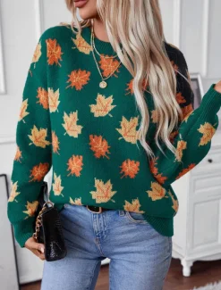 Women's Sweater Casual Graphic Crew Neck Print Long Sleeve Regular Tops Knit Weekend Black Green Fall Winter