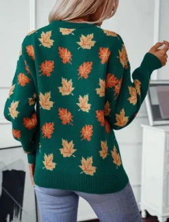 Women's Sweater Casual Graphic Crew Neck Print Long Sleeve Regular Tops Knit Weekend Black Green Fall Winter