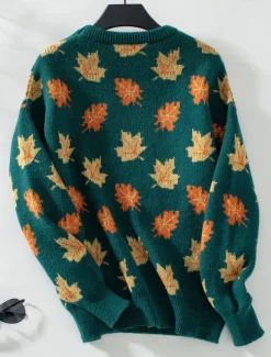 Women's Sweater Casual Graphic Crew Neck Print Long Sleeve Regular Tops Knit Weekend Black Green Fall Winter