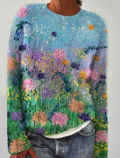 Women's Sweater Casual Soft Striped Ribbed Crew Neck Knitted Print Long Sleeve Regular Tops Knit Outdoor Daily Weekend Pink Blue Fall Winter