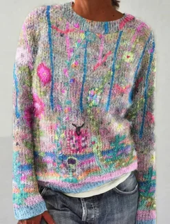 Women's Sweater Casual Soft Striped Ribbed Crew Neck Knitted Print Long Sleeve Regular Tops Knit Outdoor Daily Weekend Pink Blue Fall Winter