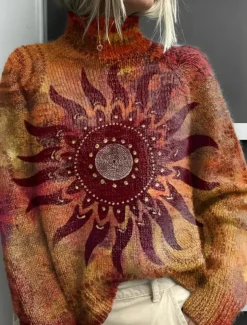 Women's Sweater Casual Soft Graphic Geometric Ribbed Turtleneck Knitted Print Long Sleeve Regular Tops Knit Outdoor Daily Weekend Wine Blue Fall Winter