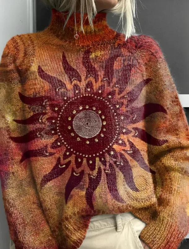 Women's Sweater Casual Soft Graphic Geometric Ribbed Turtleneck Knitted Print Long Sleeve Regular Tops Knit Outdoor Daily Weekend Wine Blue Fall Winter