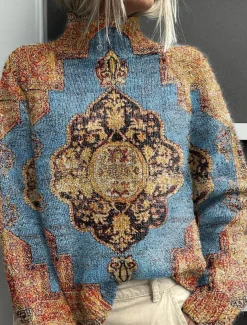 Women's Sweater Casual Soft Graphic Geometric Ribbed Turtleneck Knitted Print Long Sleeve Regular Tops Knit Outdoor Daily Weekend Wine Blue Fall Winter