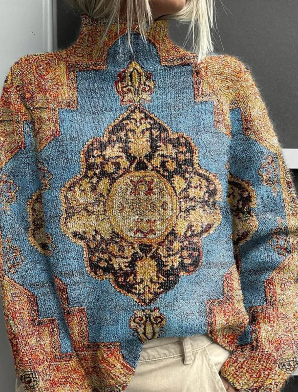 Women's Sweater Casual Soft Graphic Geometric Ribbed Turtleneck Knitted Print Long Sleeve Regular Tops Knit Outdoor Daily Weekend Wine Blue Fall Winter