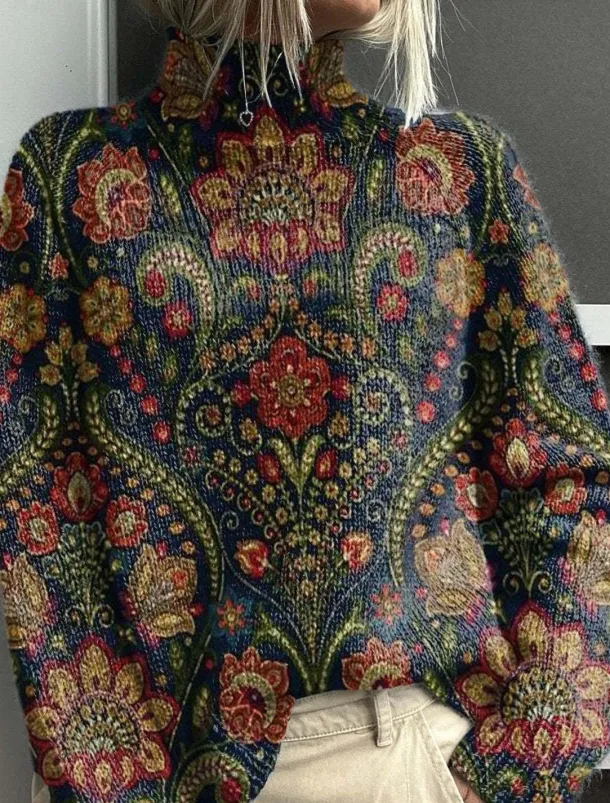 Women's Sweater Casual Soft Graphic Geometric Ribbed Turtleneck Knitted Print Long Sleeve Regular Tops Knit Outdoor Daily Weekend Wine Blue Fall Winter