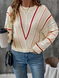 Women's Sweater Casual Soft Pure Color Ribbed Crew Neck Knitted Hole Long Sleeve Regular Tops Knit Outdoor Daily Weekend Apricot Fall Winter