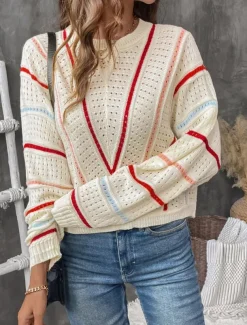 Women's Sweater Casual Soft Pure Color Ribbed Crew Neck Knitted Hole Long Sleeve Regular Tops Knit Outdoor Daily Weekend Apricot Fall Winter
