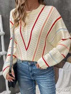 Women's Sweater Casual Soft Pure Color Ribbed Crew Neck Knitted Hole Long Sleeve Regular Tops Knit Outdoor Daily Weekend Apricot Fall Winter