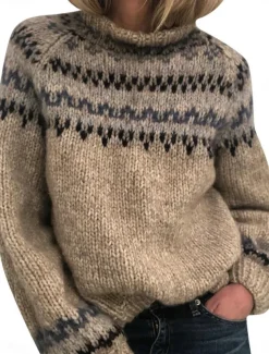 Women's Sweater Casual Soft Geometric Ribbed Turtleneck Knitted Long Sleeve Regular Tops Knit Outdoor Daily Weekend Khaki Gray Fall Winter