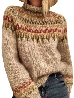 Women's Sweater Casual Soft Geometric Ribbed Turtleneck Knitted Long Sleeve Regular Tops Knit Outdoor Daily Weekend Khaki Gray Fall Winter