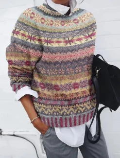 Women's Sweater Casual Soft Geometric Pure Color Ribbed Crew Neck Knitted Print Long Sleeve Regular Tops Knit Outdoor Daily Weekend Red Blue Fall Winter