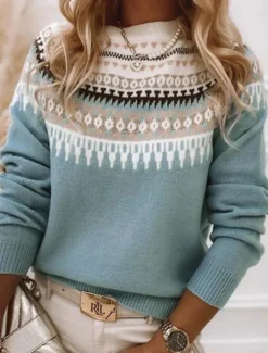 Women's Sweater Casual Soft Geometric Ribbed Crew Neck Knitted Print Long Sleeve Regular Tops Knit Outdoor Daily Weekend Pink Blue Fall Winter