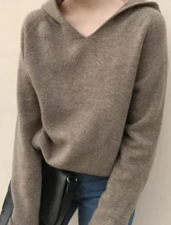 Women's Sweater Casual Soft Pure Color Ribbed Hooded Knitted Long Sleeve Regular Tops Knit Outdoor Daily Weekend White Yellow Fall Winter