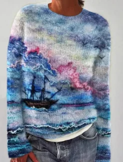 Women's Sweater Casual Soft Graphic Color Block Striped Ribbed Crew Neck Knitted Print Long Sleeve Regular Tops Knit Outdoor Daily Weekend Black Yellow Fall Winter