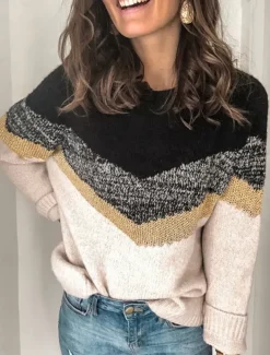 Women's Sweater Casual Soft Geometric Ribbed Crew Neck Knitted Long Sleeve Regular Tops Knit Outdoor Daily Weekend Black Brown Fall Winter