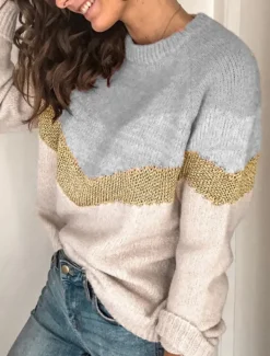 Women's Sweater Casual Soft Geometric Ribbed Crew Neck Knitted Long Sleeve Regular Tops Knit Outdoor Daily Weekend Black Brown Fall Winter