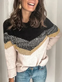 Women's Sweater Casual Soft Geometric Ribbed Crew Neck Knitted Long Sleeve Regular Tops Knit Outdoor Daily Weekend Black Brown Fall Winter