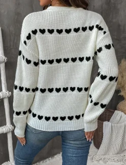 Women's Sweater Casual Soft Heart Ribbed Crew Neck Knitted Long Sleeve Regular Tops Knit Outdoor Daily Weekend White Fall Winter