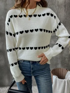 Women's Sweater Casual Soft Heart Ribbed Crew Neck Knitted Long Sleeve Regular Tops Knit Outdoor Daily Weekend White Fall Winter