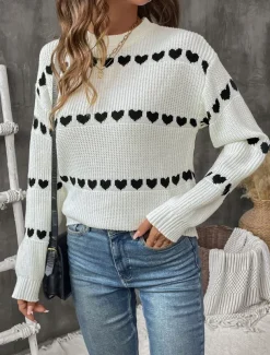 Women's Sweater Casual Soft Heart Ribbed Crew Neck Knitted Long Sleeve Regular Tops Knit Outdoor Daily Weekend White Fall Winter