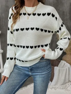 Women's Sweater Casual Soft Heart Ribbed Crew Neck Knitted Long Sleeve Regular Tops Knit Outdoor Daily Weekend White Fall Winter
