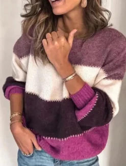 Women's Sweater Casual Soft Striped Ribbed Crew Neck Patchwork Knitted Long Sleeve Regular Tops Knit Outdoor Daily Weekend Blue Purple Fall Winter